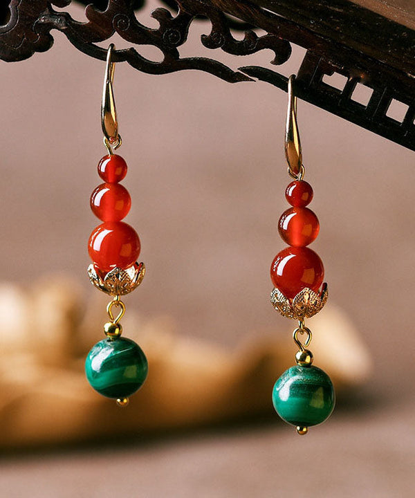 Women Overgild Agate Gem Stone Round Drop Earrings