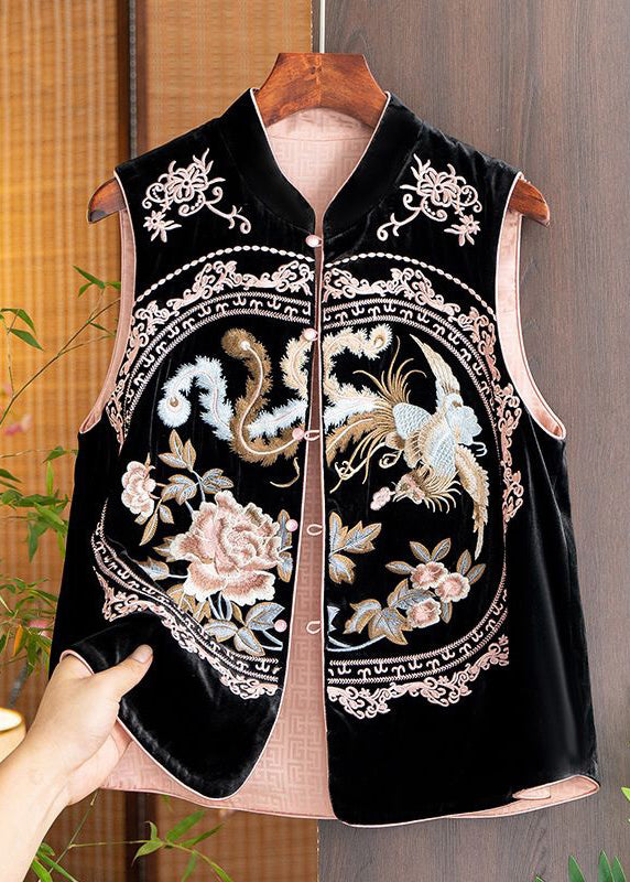 Women Pink Embroidered Button Patchwork Silk Waistcoat Sleeveless