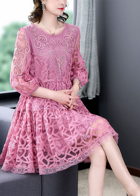 Women Pink Embroidered Tie Waist Lace Mid Dress Bracelet Sleeve