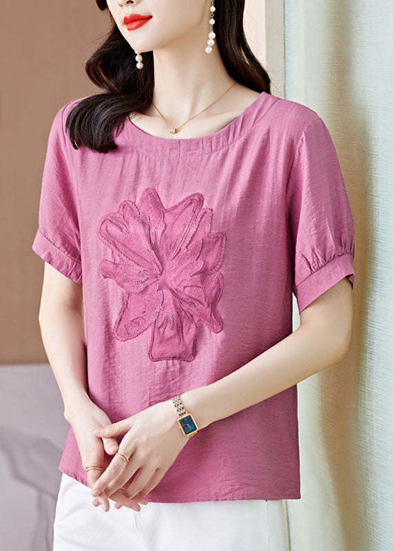 Women Pink O Neck Embroidered Patchwork Linen T Shirt Top Summer