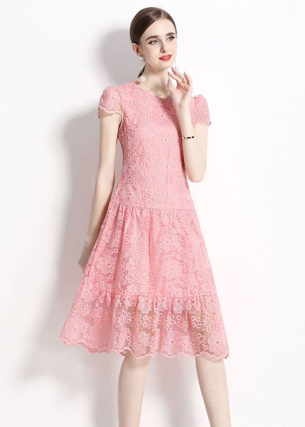 Women Pink O Neck Hollow Out Embroidered Patchwork Lace Dresses Summer