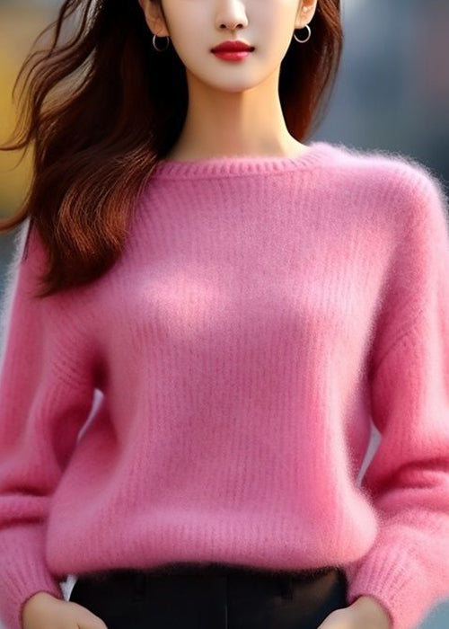 Women Pink O Neck Solid Cotton Knit Sweaters Spring