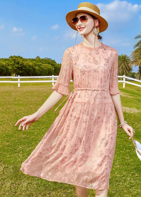 Women Pink Ruffled Embroidered Tie Waist Silk Cinch Dress Half Sleeve