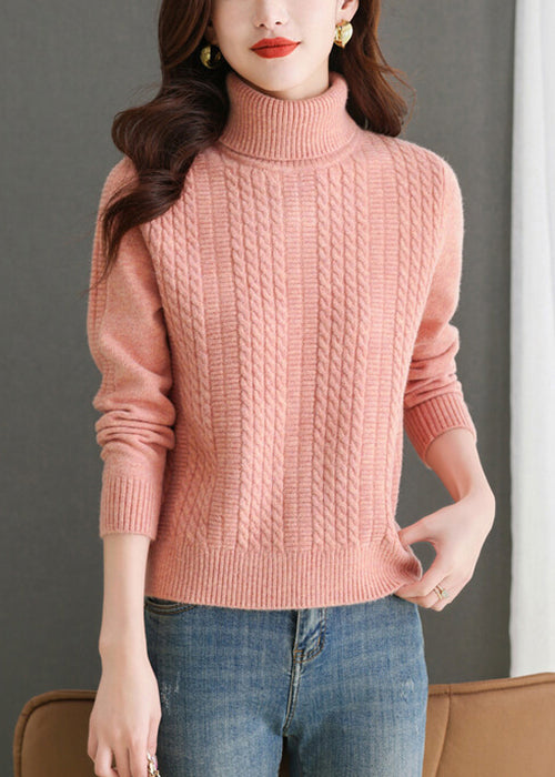 Women Pink Turtleneck Solid Knit Sweater Winter