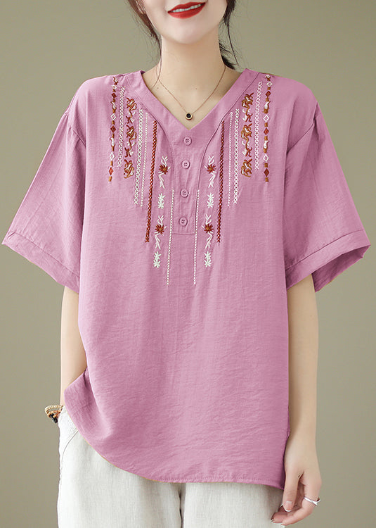 Women Pink V Neck Embroidered Cotton Tops Summer