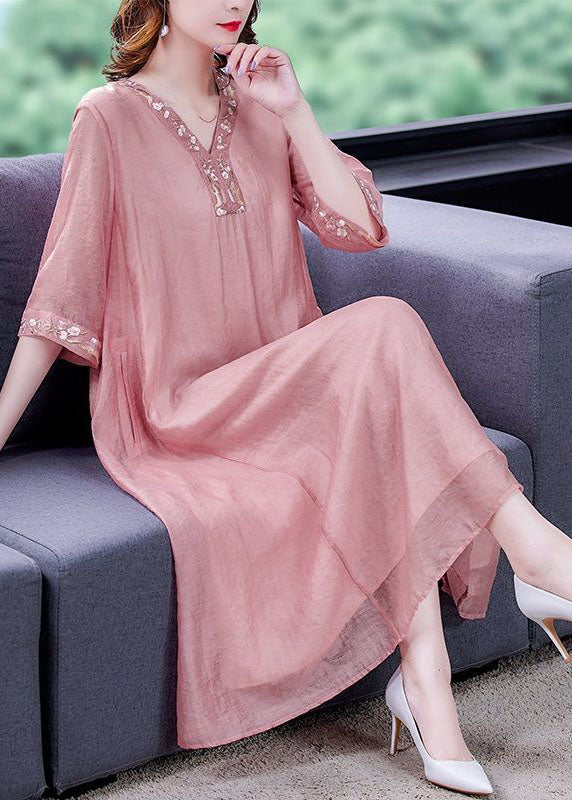 Women Pink V Neck Embroidered Cotton Vacation Dresses Summer