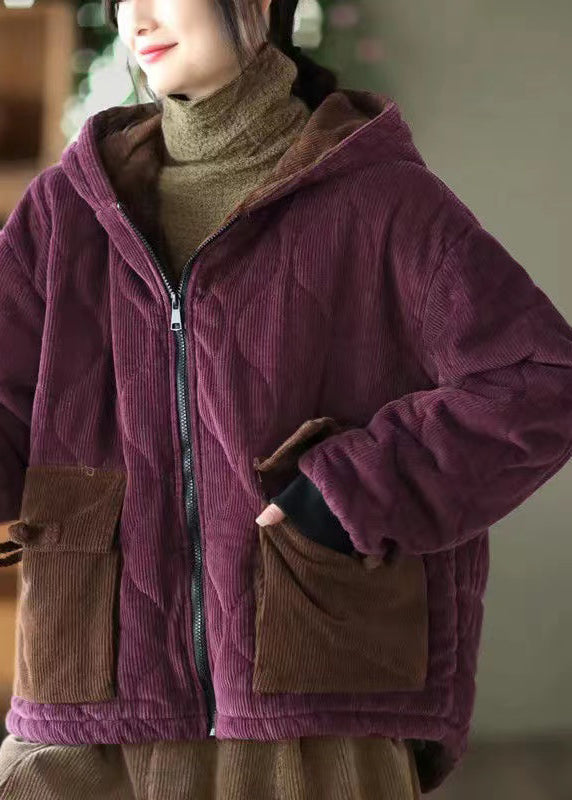 Women Purple Hooded Pockets Corduroy Fleece Wool Lined Jacket Winter