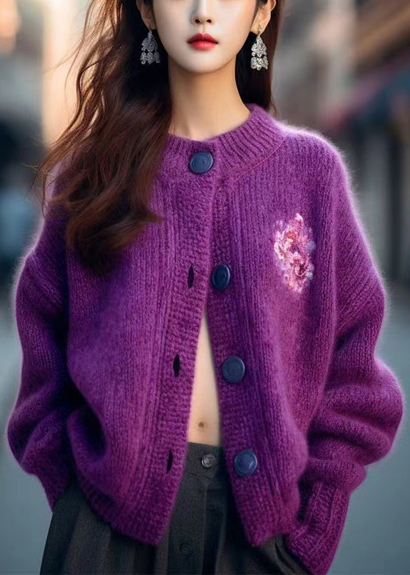 Women Purple O Neck Button Cozy Knit Cardigan Winter