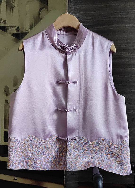 Women Purple Patchwork Embroidered Silk Tops Sleeveless