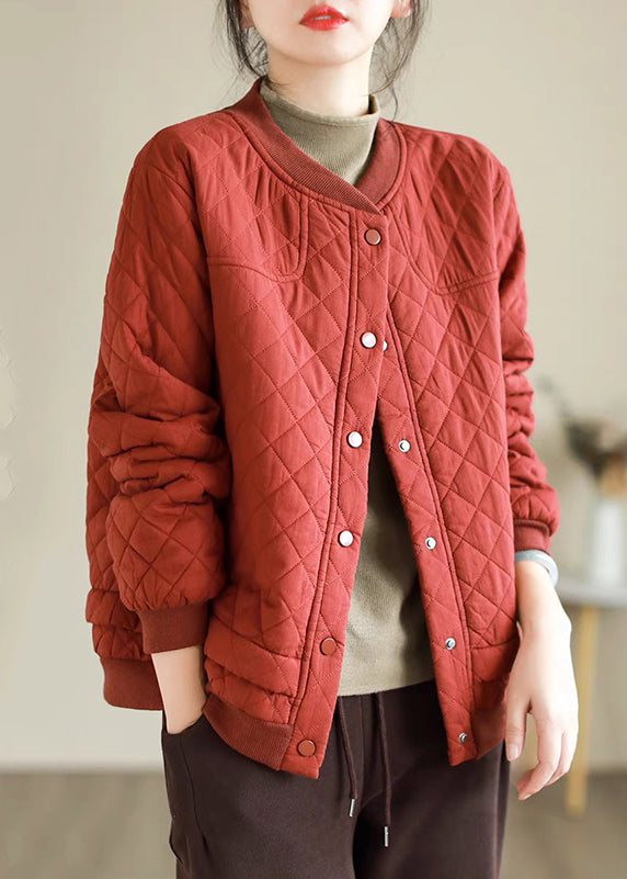 Women Red Button Warm Fine Cotton Filled Puffers Jackets Winter