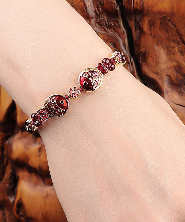 Women Red Coloured Glaze Cloisonne Garnet Charm Bracelet