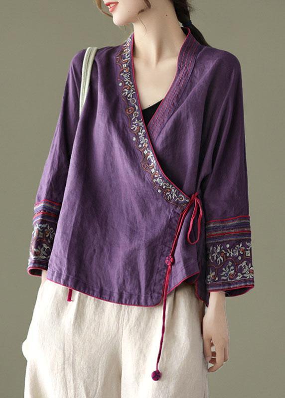 Women Purple Embroidered Long sleeve Linen Shirt