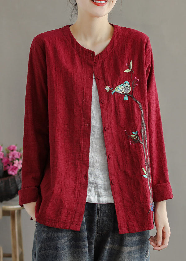 Women Red Embroidered Patchwork Cotton Cardigans Coats Spring