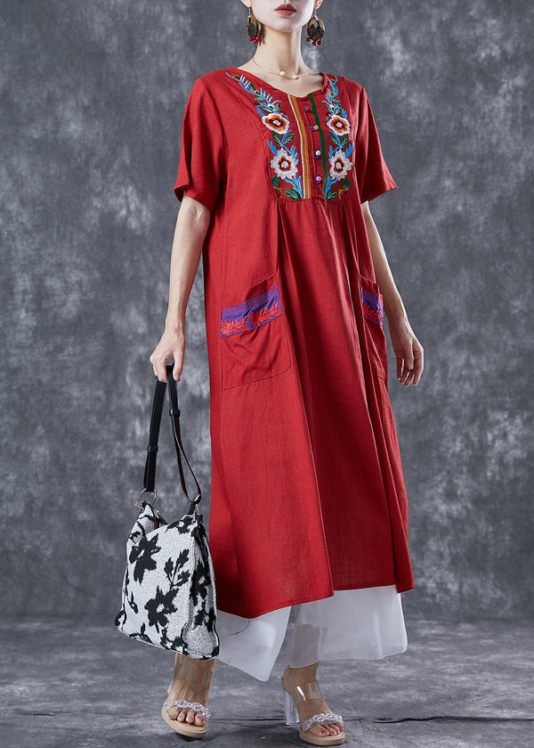 Women Red Embroidered Patchwork Linen Dress Summer