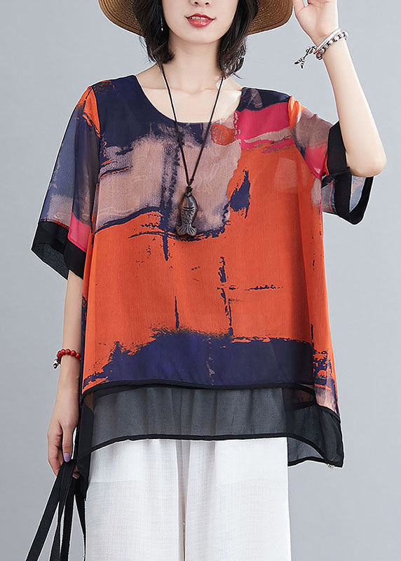 Women Red O-Neck Oversized Tie Dye Chiffon Tanks Short Sleeve