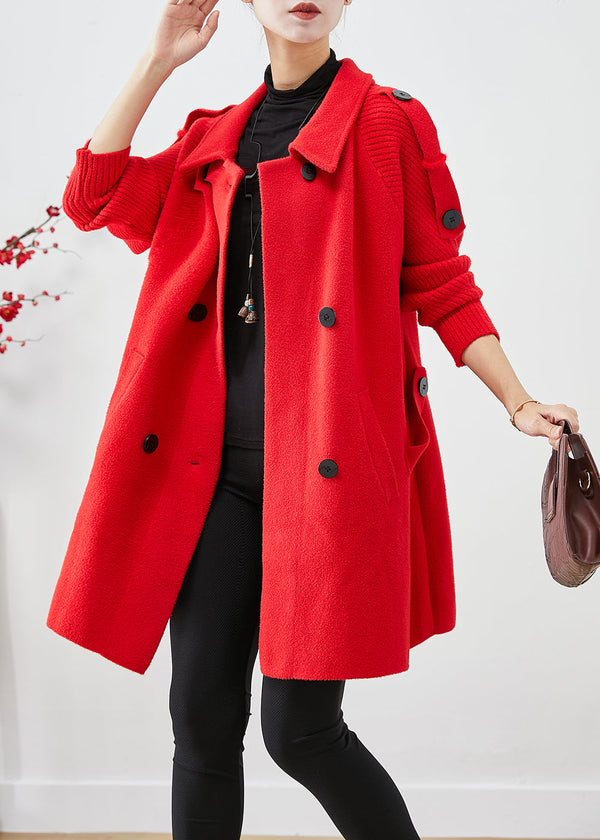 Women Red Oversized Knit Patchwork Woolen Coat Fall