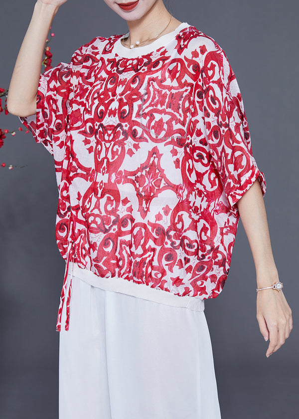 Women Red Oversized Print Drawstring Cotton Tanks Batwing Sleeve