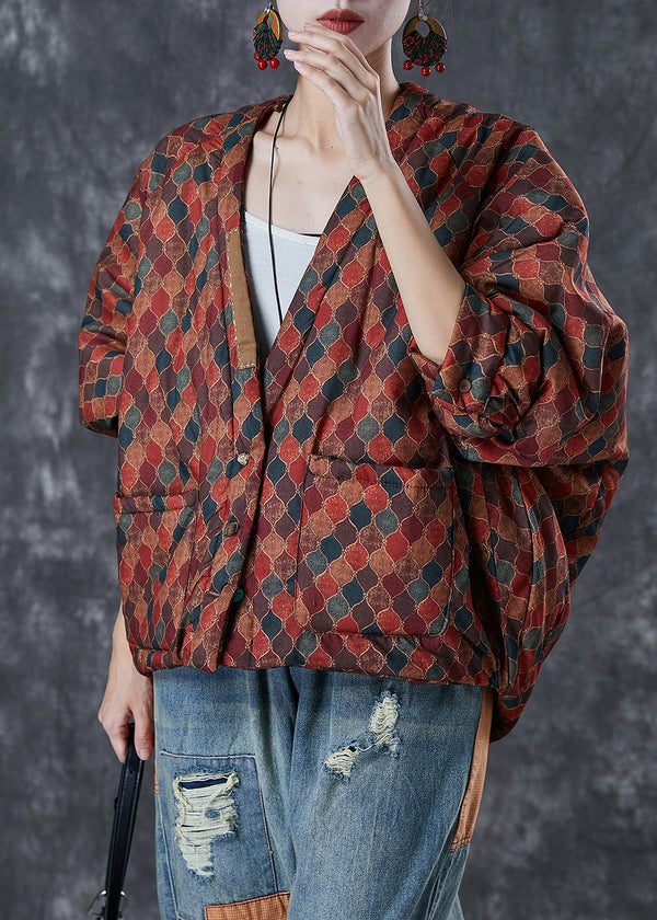 Women Red Oversized Print Fine Cotton Filled Puffers Jackets Winter