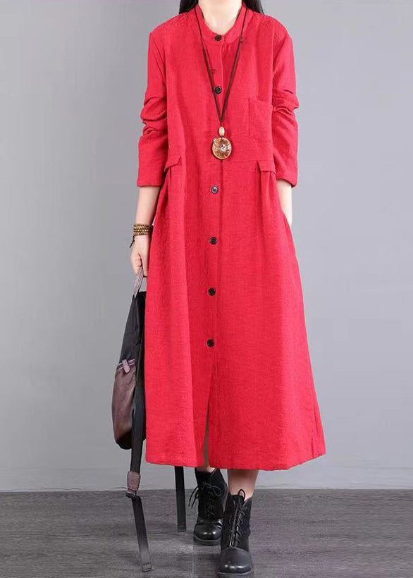 Women Red Stand Collar Pockets Patchwork Cotton Long Dresses Fall