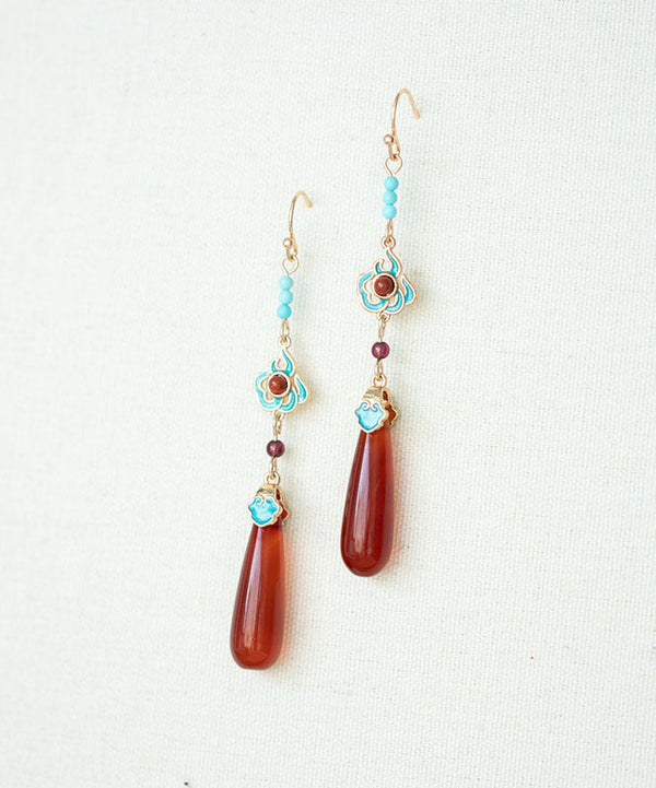 Women Red Sterling Silver Turquoise Agate Garnet Water Drops Drop Earrings