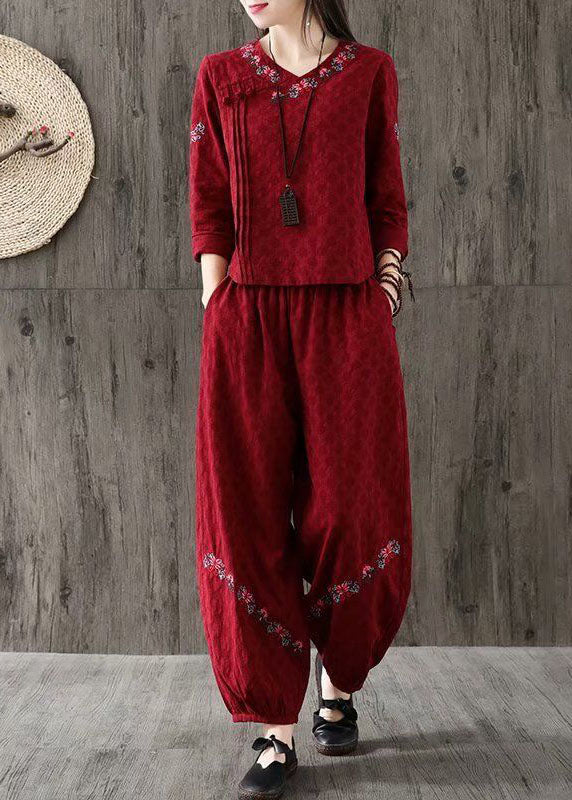 Women Red V Neck Wrinkled Embroidered Cotton Two Piece Set Spring