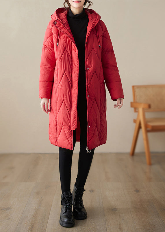 Women Red Zip Up Hooded Pockets Fine Cotton Filled Witner Coat