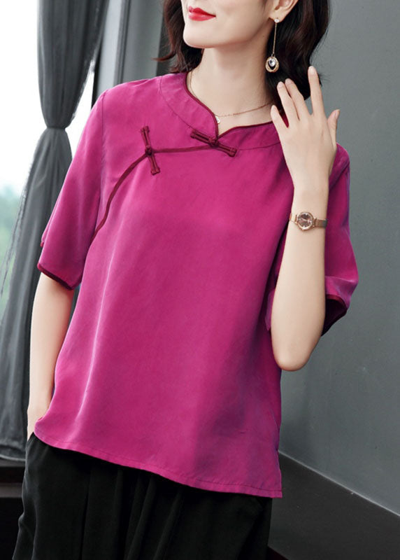 Women Rose O-Neck Oriental Button Solid Color Silk Shirt Top Short Sleeve