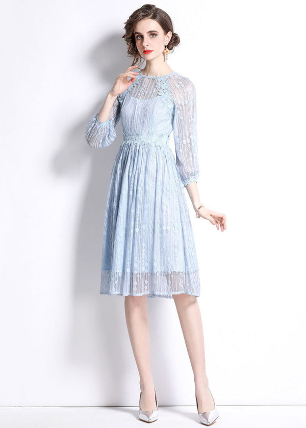 Women Sky Blue Embroidered Wrinkled Patchwork Lace Mid Dress Summer