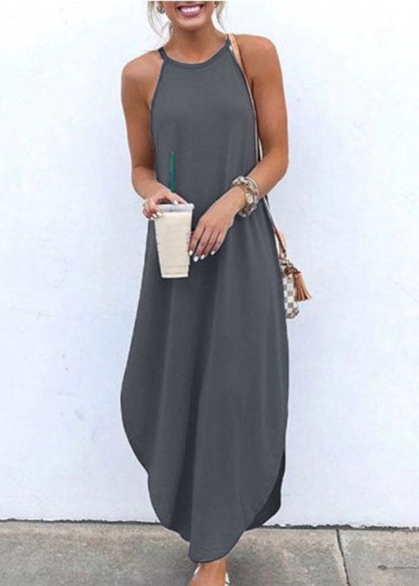 Women Sleeveless Straps High Low Hem Solid Causal Maxi Dress