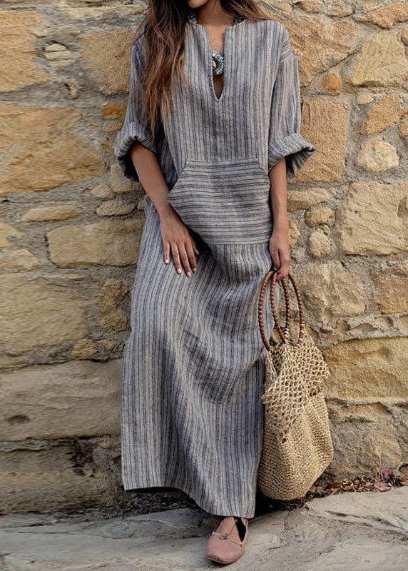 Women Striped V Neck Long Sleeve Casual Loose Maxi Dress