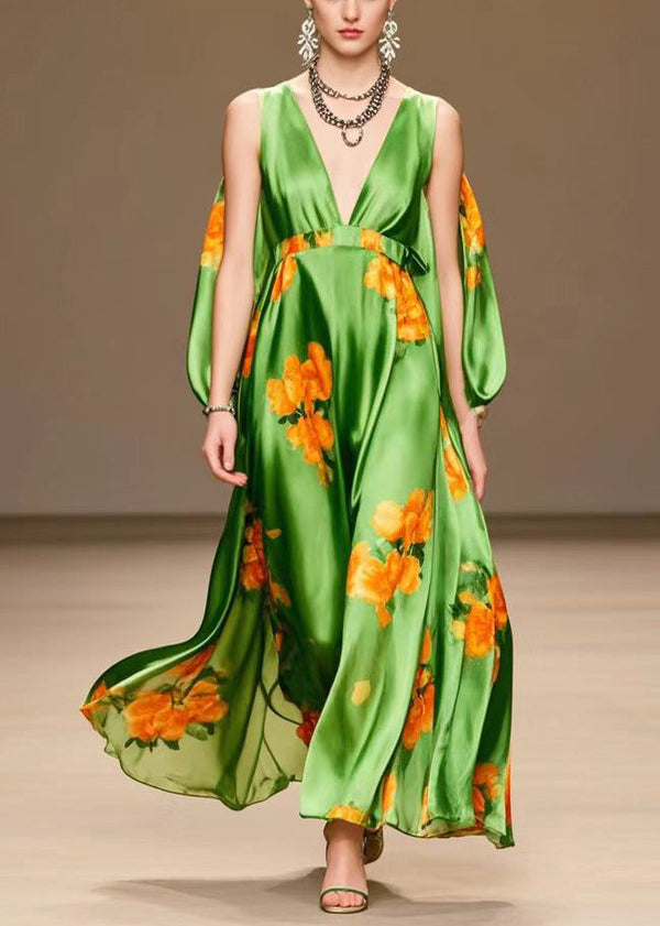 Women Tea Green V Neck Print Silk Long Dresses Summer