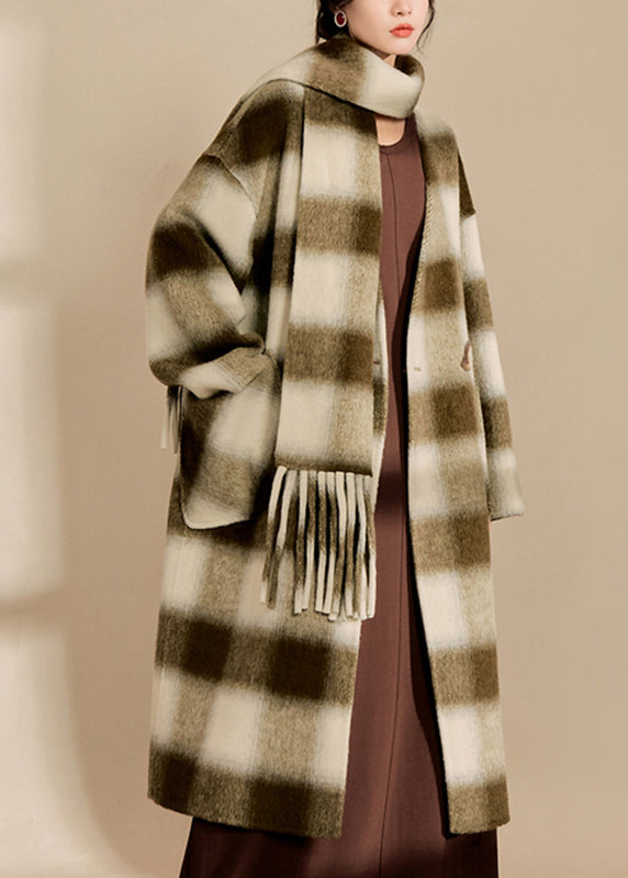 Women V Neck Pockets Plaid Woolen Maxi Coats Fall