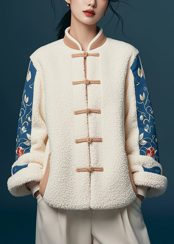 Women White Button Print Patchwork Teddy Faux Fur Coats Winter