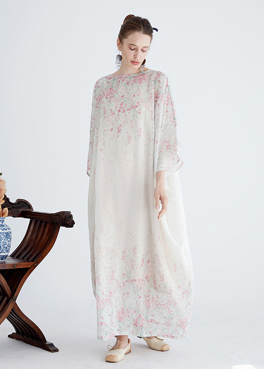 Women White O Neck Print Cotton Robe Dresses Summer