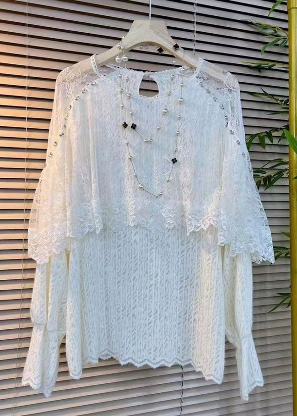 Women White O Neck Ruffled Zircon Lace Top Fall