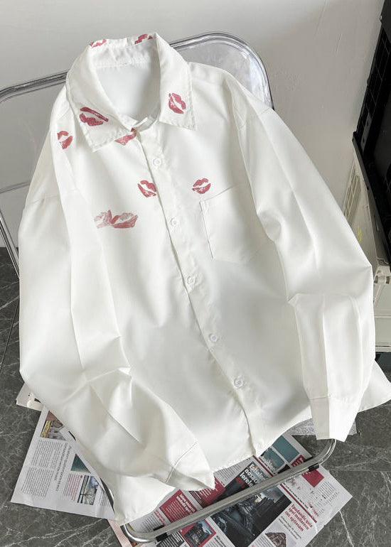 Women White Peter Pan Collar Print Cotton Tops Long Sleeve