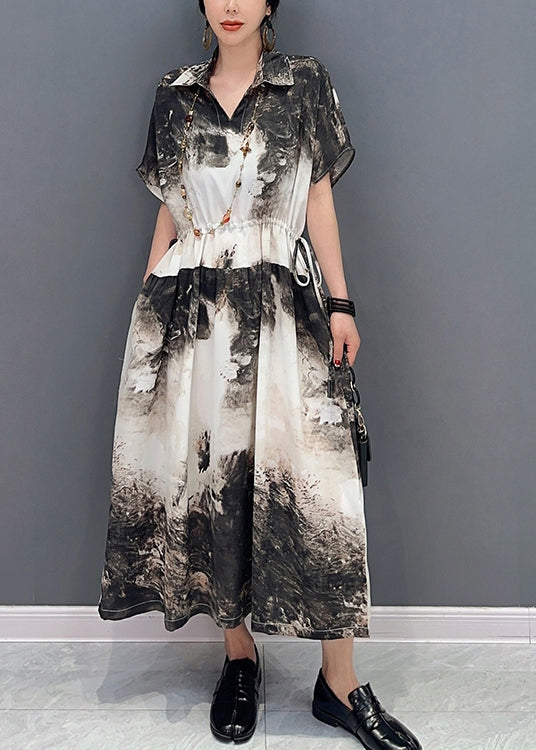 Women White Peter Pan Collar Tie Dye Cotton Cinched Dresses Summer