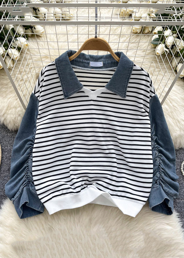 Women White Striped Wrinkled Patchwork Cotton Tops Fall