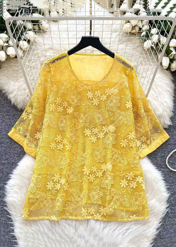 Women Yellow Embroidered Hollow Out Solid T Shirts Summer