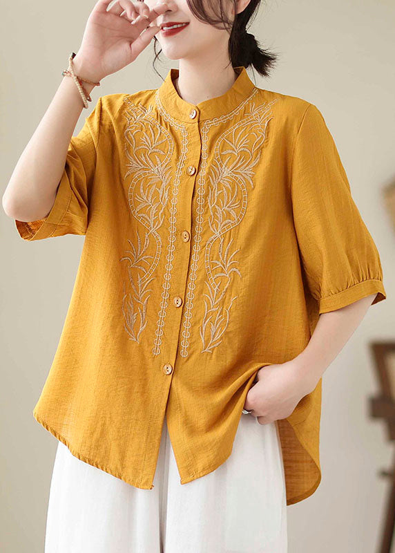 Women Yellow Embroideried Button Cotton T Shirt Short Sleeve