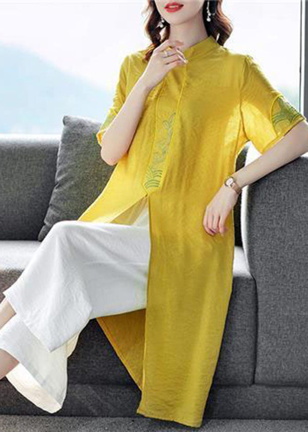 Women Yellow Embroidered Side Open Linen Two Piece Set Spring