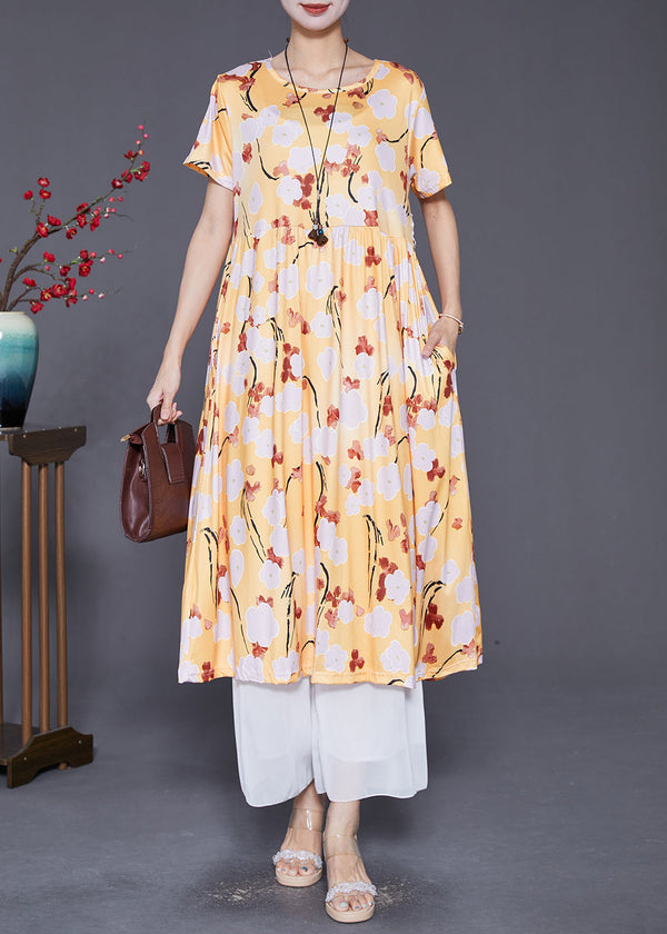 Women Yellow Oversized Print Cotton Robe Dresses Summer