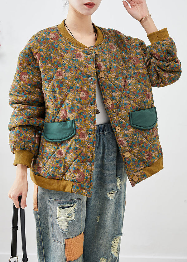 Women Yellow Oversized Print Fine Cotton Filled Winter Coats Winter