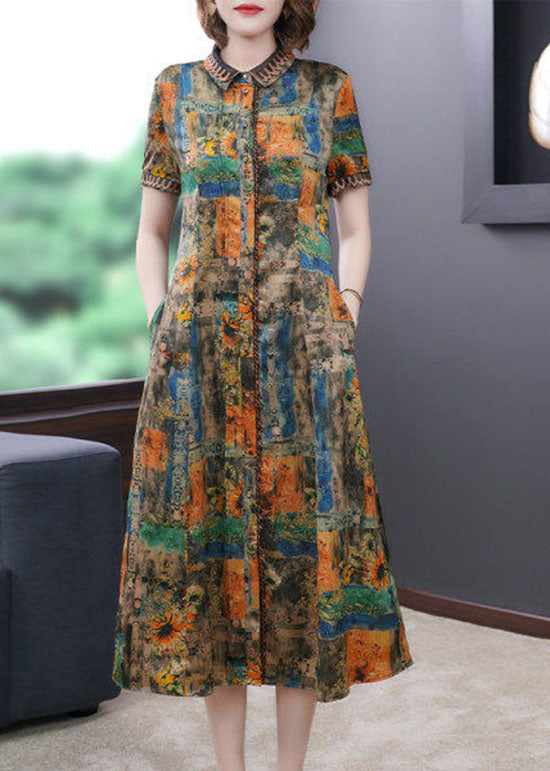 Women Yellow Peter Pan Collar Print Silk Dresses Summer