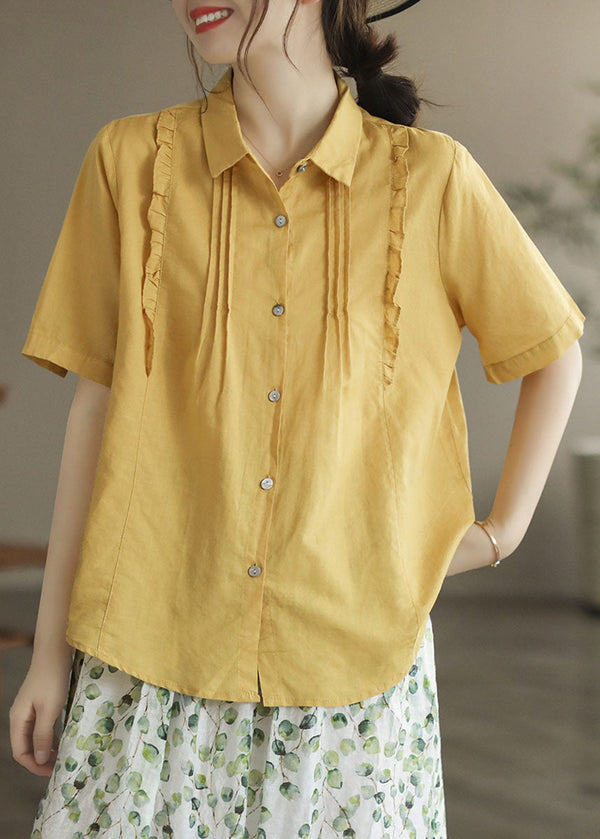 Women Yellow Peter Pan Collar Ruffled Patchwork Cotton Blouses Summer