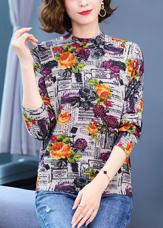 Women Yellow Print Patchwork Cotton Knit Top Spring