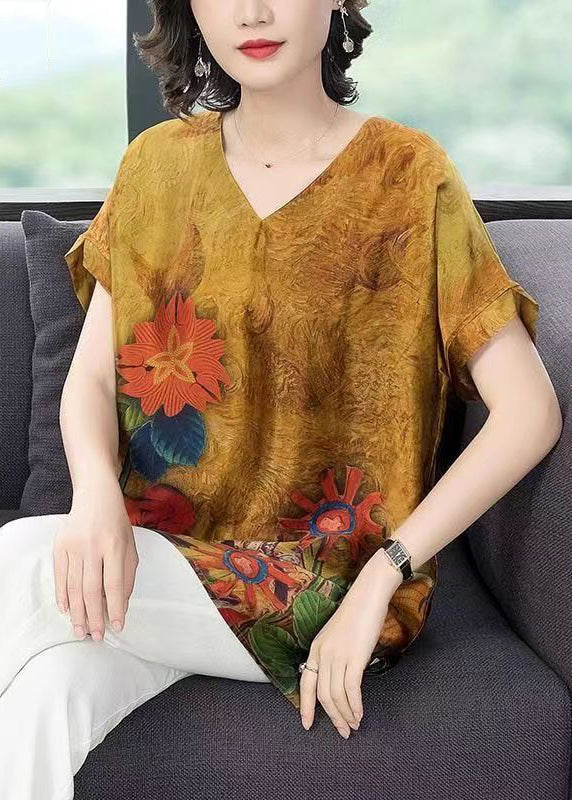 Women Yellow Print Side Open Patchwork Silk T Shirt Short Sleeve