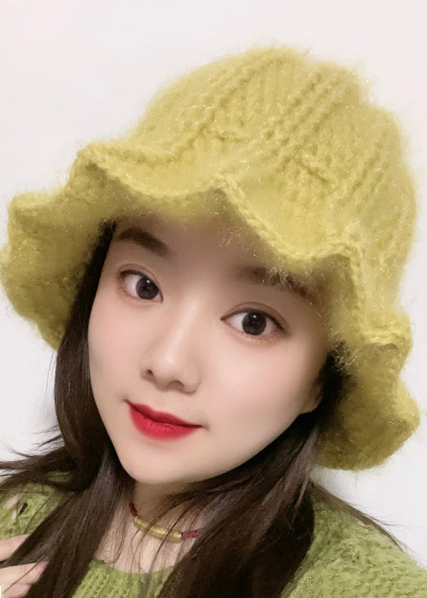 Women Yellow Ruffles Handmade Knit Bucket Hat