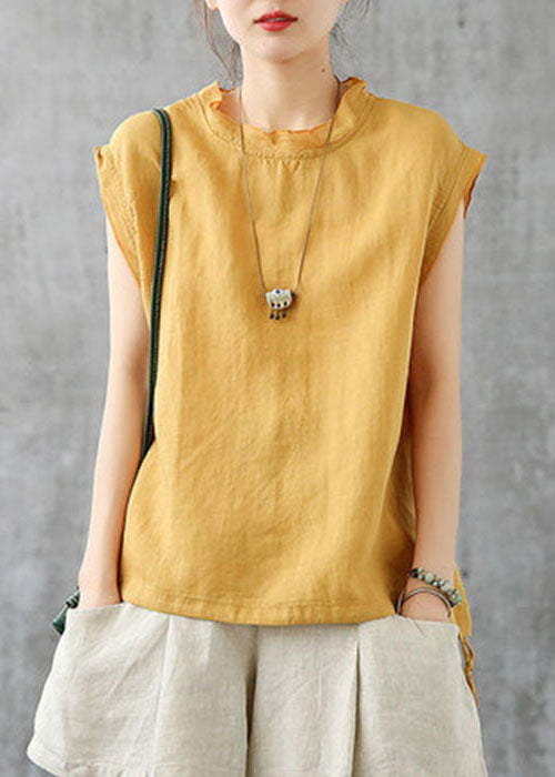 Women Yellow Stand Collar Drawstring Linen Tanks Short Sleeve