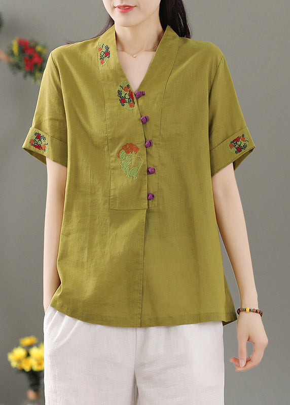 Women Yellow V Neck Embroidered Button Shirt Short Sleeve